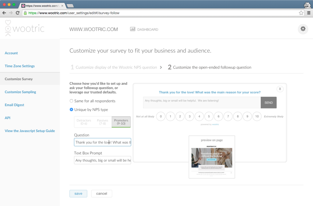 Customize your NPS settings right inside the Wootric dashboard