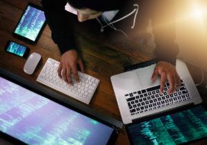 High angle shot of a man on a computer