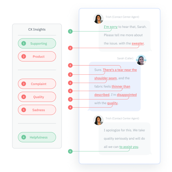 Conversational CX insights being highlighted in Pearl-Plaza's platform. 