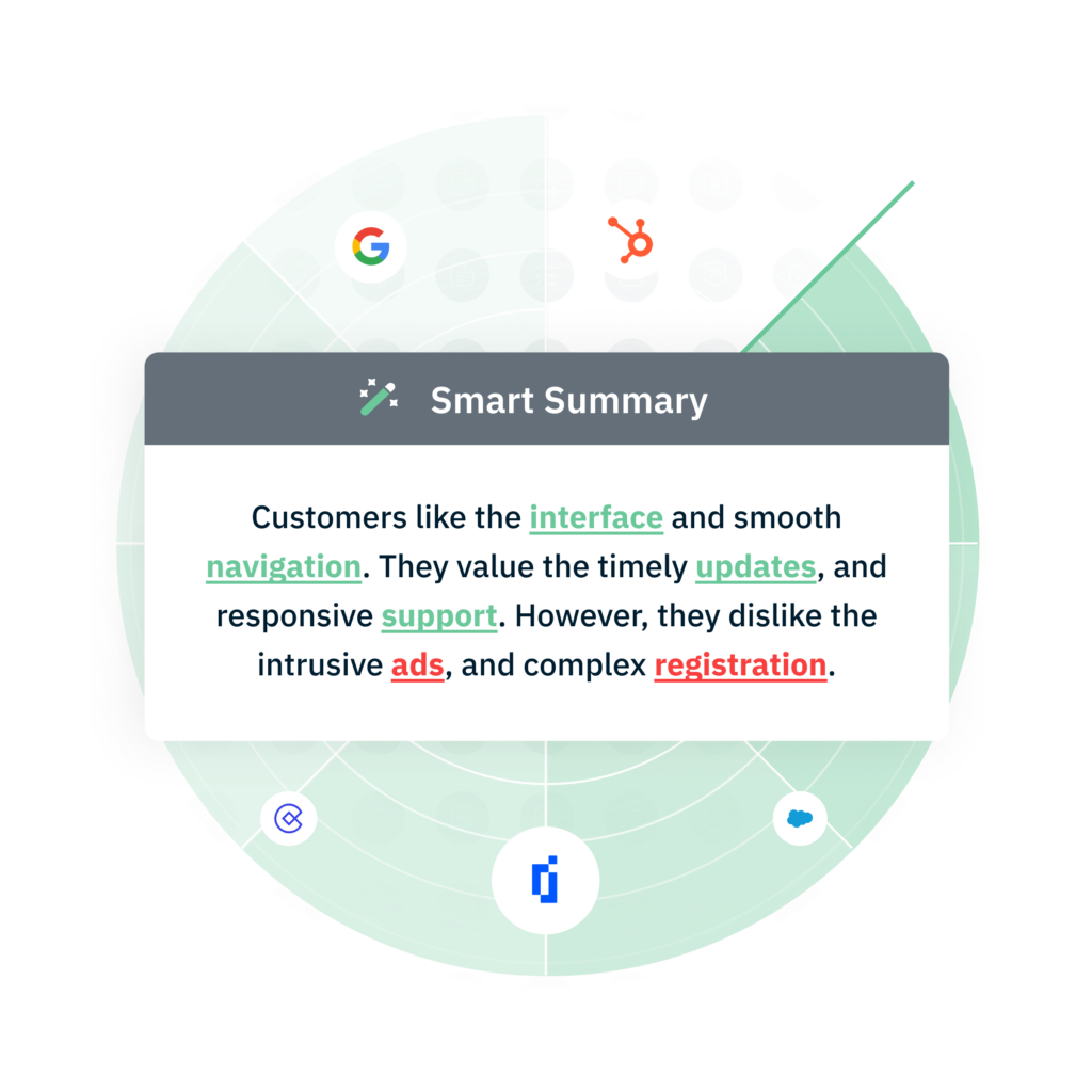 Smart summary of customer feedback within Pearl-Plaza's platform that simplifies customer insights. 