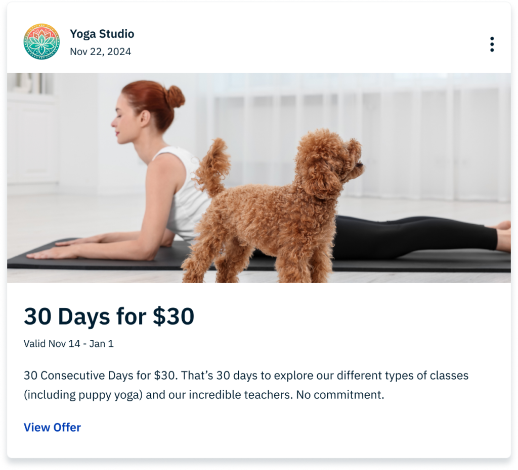 A Google My Business Post for a yoga studio featuring a woman and a dog. 