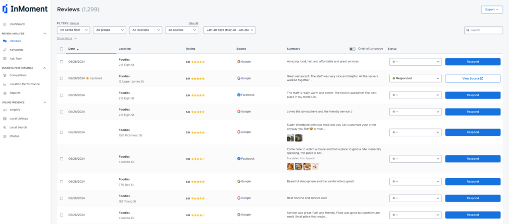 Review tracking dashboard in Pearl-Plaza's XI Platform. 