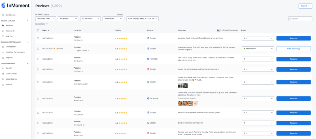 Pearl-Plaza review management dashboard that shows reviews from multiple sites.