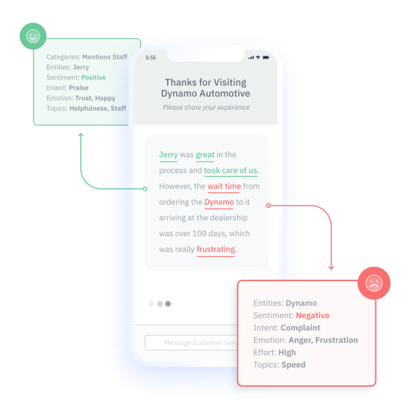 Text analysis software in Pearl-Plaza's platform analyzing the review left by a customer. 